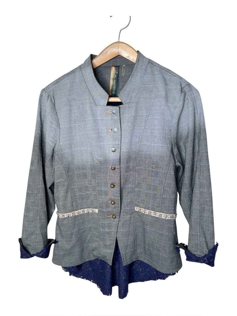 Aratta Silent Journey Military Style Blazer Size XL Lace Trim Ombre Gray Plaid